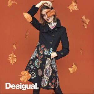 Desigual Floral Embroidered Wool Coat